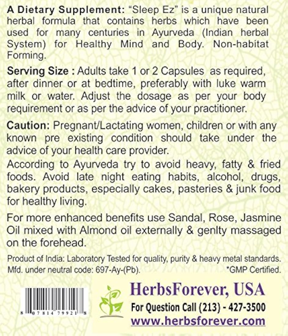 EZ de sueño (Sueño fácil), 60 cápsulas vegetales, 800 mg