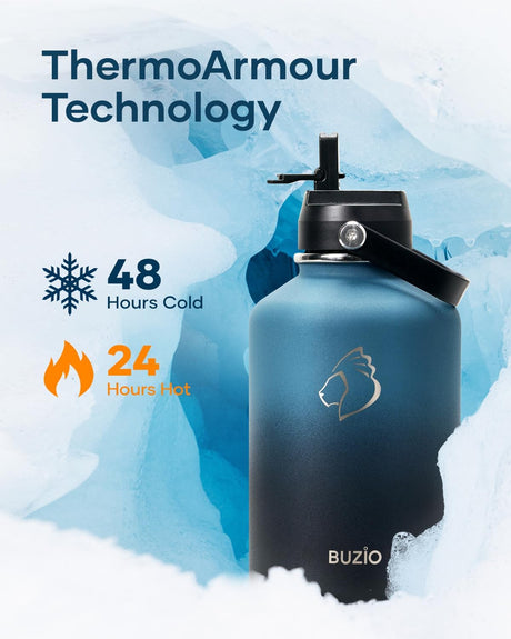 Botella de Agua de Acero Inoxidable BUZIO 64 oz, Aislada, Modelo Half Gallon