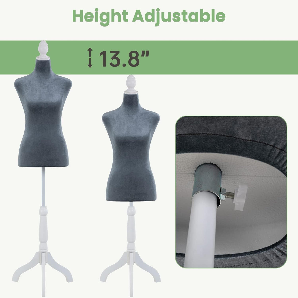 Maniquí cuerpo mujer con trípode, altura ajustable, 49.6-63.4