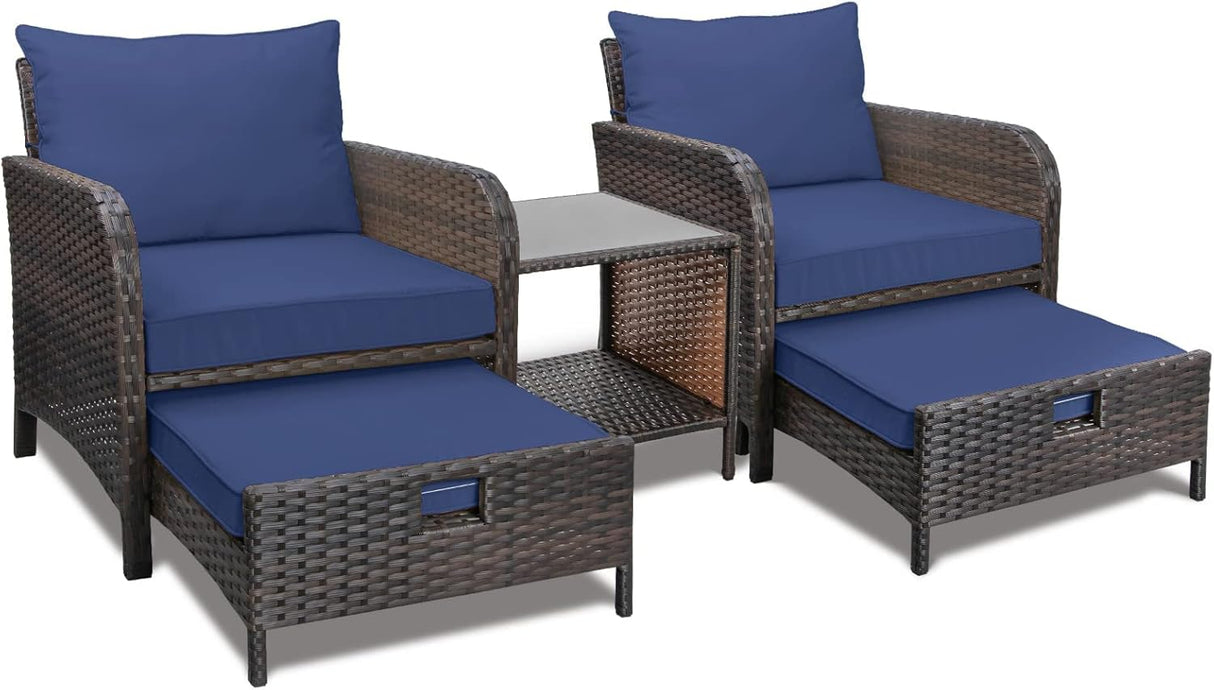 LEVELEVE Balcony Furniture - Juego de 5 piezas para conversación de patio, sillas de mimbre de polietileno para exteriores con cojines suaves, 2 otomanas y mesa de cristal para porche, mimbre marrón