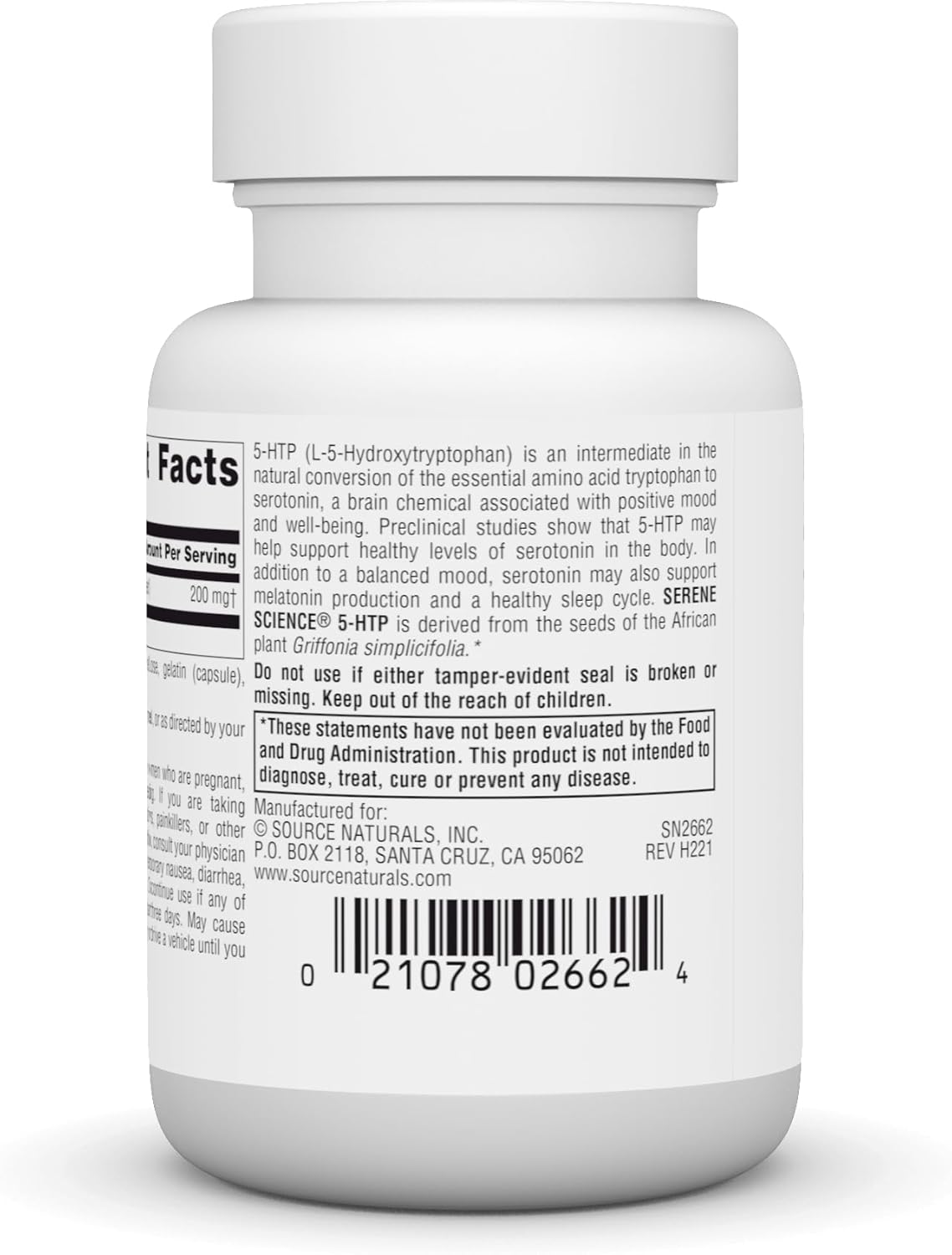 Suplemento 5-HTP 200 mg Source Naturals, No GMO - 30 Cápsulas