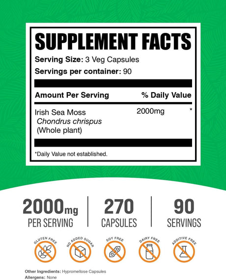 Suplemento de alga irlandesa en cápsulas BulkSupplements, 2000mg, 240 pzas