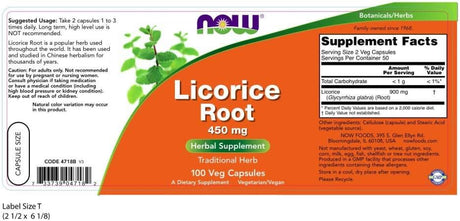 Suplemento Herbal Raíz de Regaliz 450 mg, NOW 100 Capsulas Veganas
