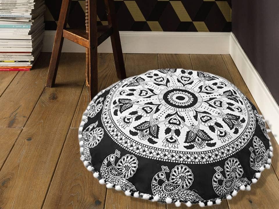 My Dream Carts Cojines redondos de 22 pulgadas para asiento de piso &#34;Solo cubierta&#34;, fundas de cojín decorativas con mandala bohemio, funda de cojín para meditación, puf para yoga, hippie