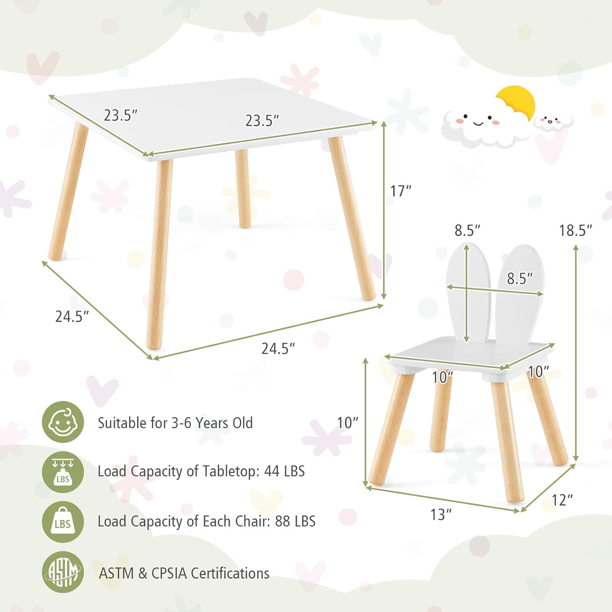 Juego de mesa y silla para niños 3 piezas de madera