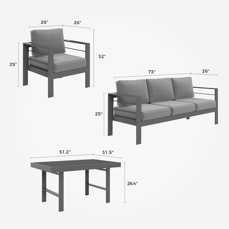 Solaste Juego de muebles de aluminio para patio, 4 piezas, moderno juego de conversación al aire libre, sofá con cojín mejorado y mesa de comedor, color blanco
