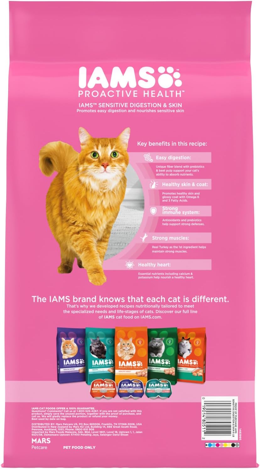 IAMS Proactive Health Adult Sensitive Digestion &amp; Skin Dry Cat Food with Turkey, 6 lb. Bag