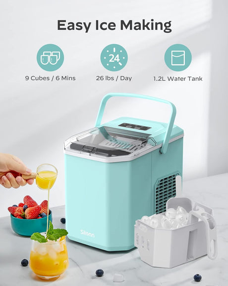 Máquina de Hielo Silonn, portátil, 26 lbs/día, 9 cubos/6 min