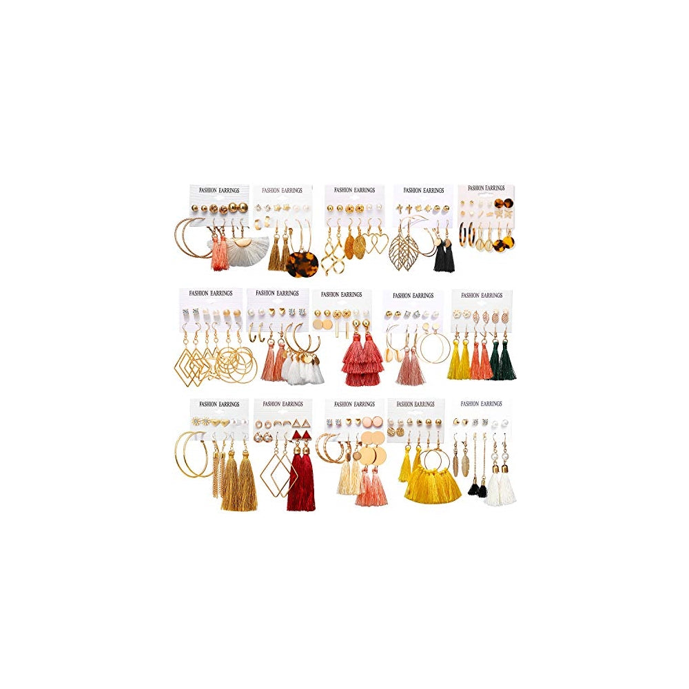 AROIC Juego de 55-93 pares de aretes bohemios coloridos con borla, aretes de hoja acrílica, aretes de aro de leopardo en capas para mujeres y niñas, fiesta de cumpleaños de San Valentín