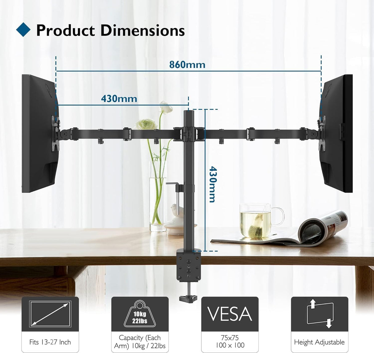 Soporte Doble para Monitores BONTEC, Ergonomico, 13-27 Pulgadas