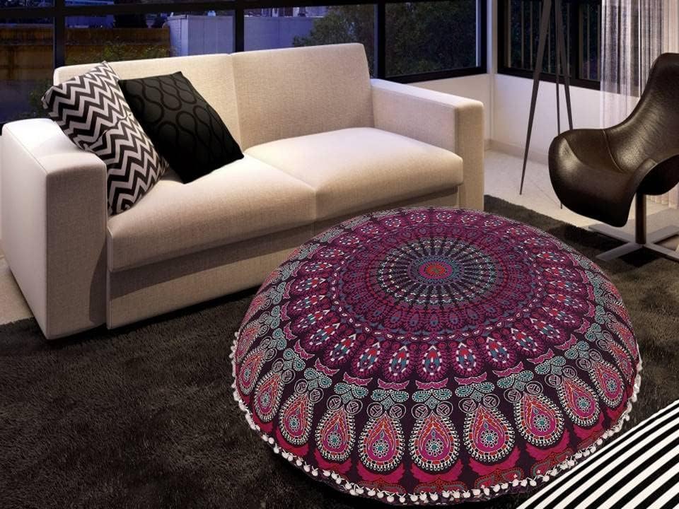 Funda bohemia para cojín, de 32 pulgadas, con diseño de mandala, para meditación, decorativa, otomana, grande, para exteriores, decoración del hogar, decoración de arte en el hogar, redonda, con pompones de algodón, cómoda