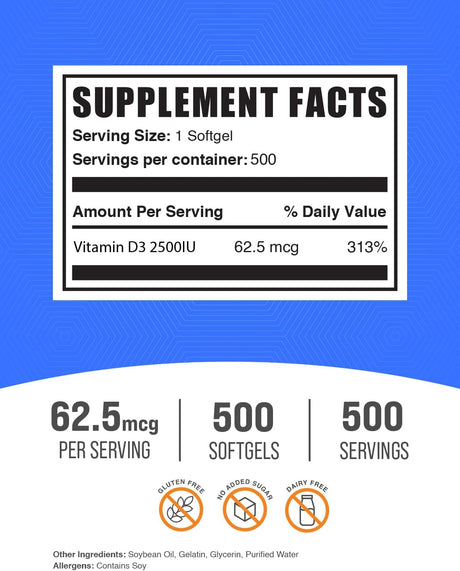 Suplemento de Vitamina D3 2500 IU BulkSupplements, 500 cápsulas