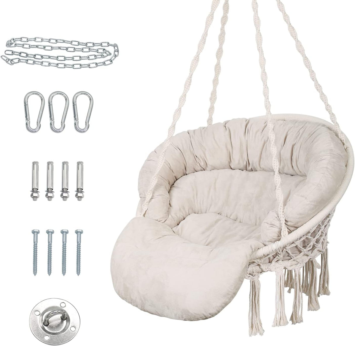 Silla Hamaca de Macramé, Hecho a Mano, con Cojín, Beige