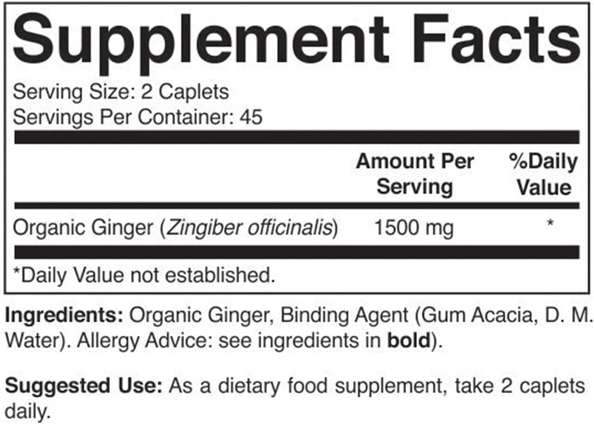 Suplemento Jengibre orgánico 1500 mg, 45 porciones 90 table