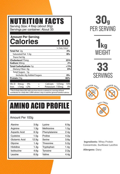 Suplemento de Proteína de Suero Concentrado, BulkSupplements, 30g, 1kg