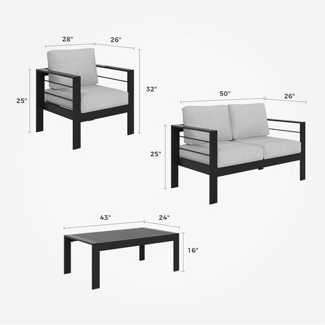 Solaste Juego de muebles de aluminio para exteriores, 4 piezas, sofá seccional de conversación con mesa, marco negro y cojín gris