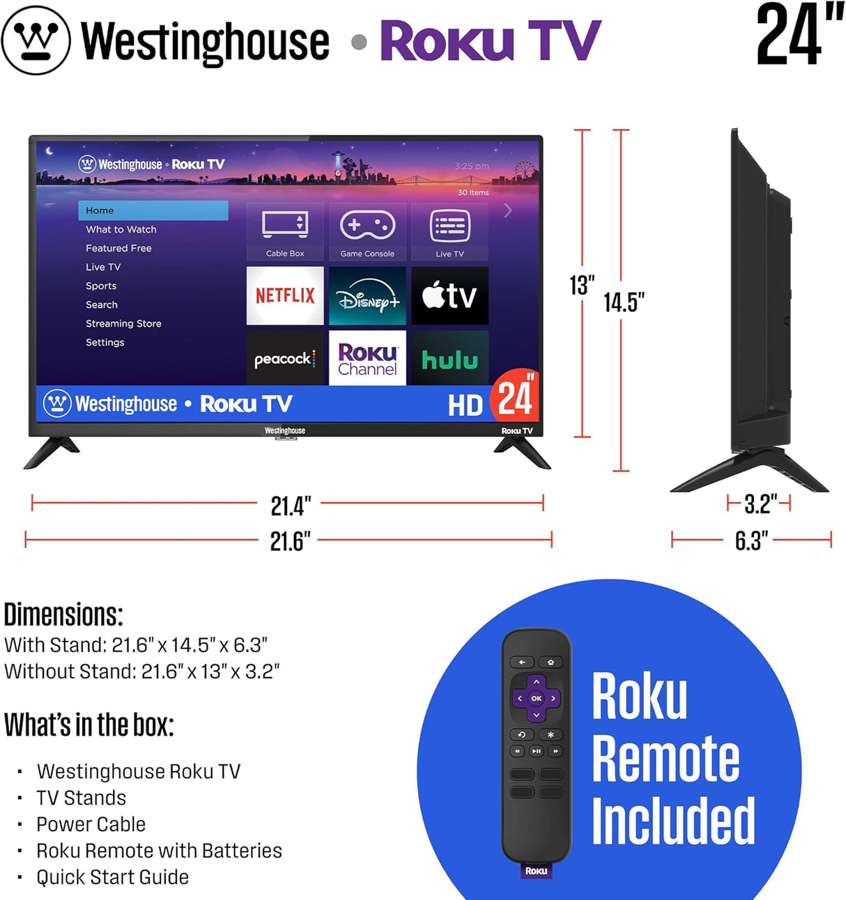 Televisor Smart Westinghouse 24, 720P, Wi-Fi, Alexa, Google Assistant