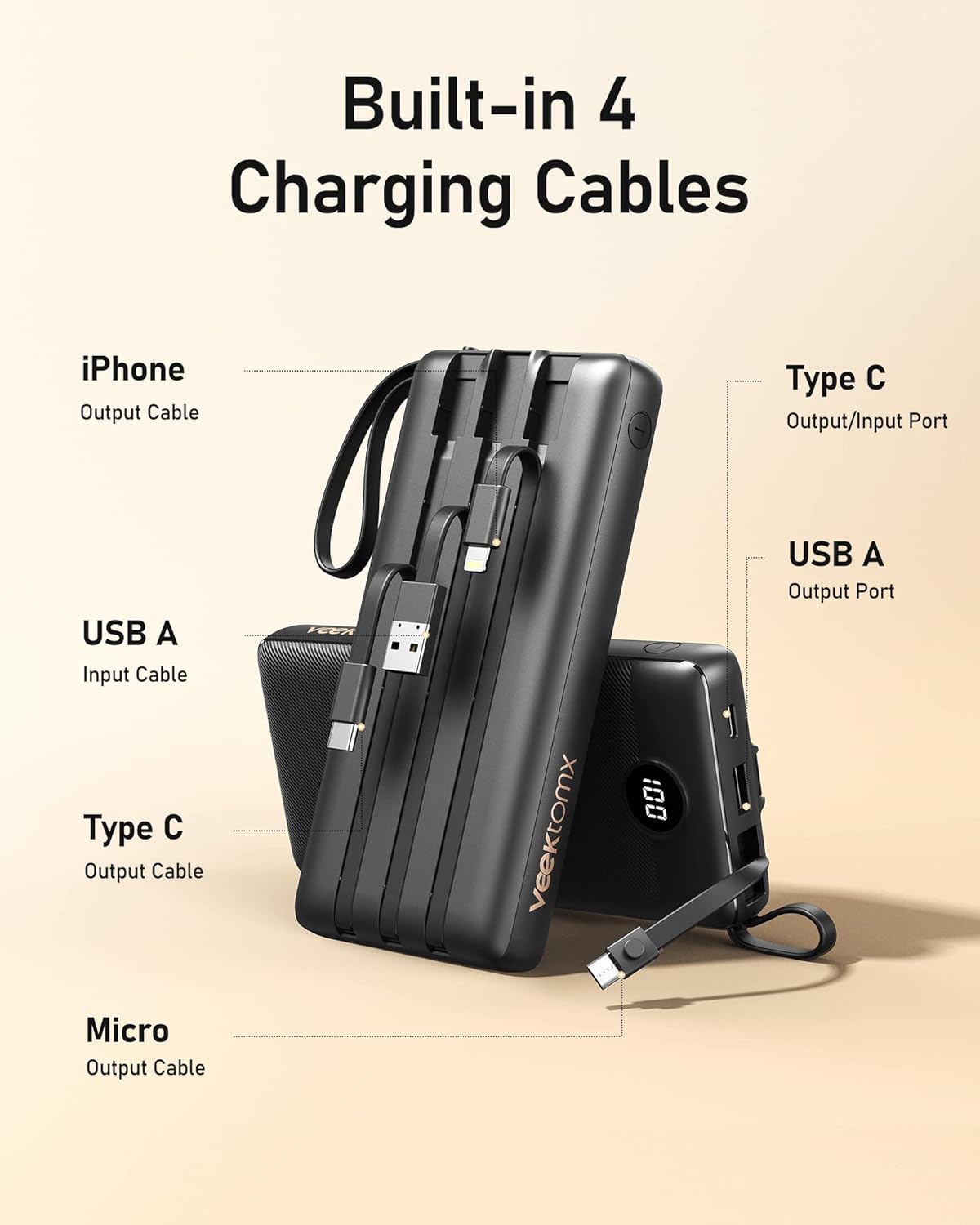 Cargador de energía con cables integrados y pantalla LED