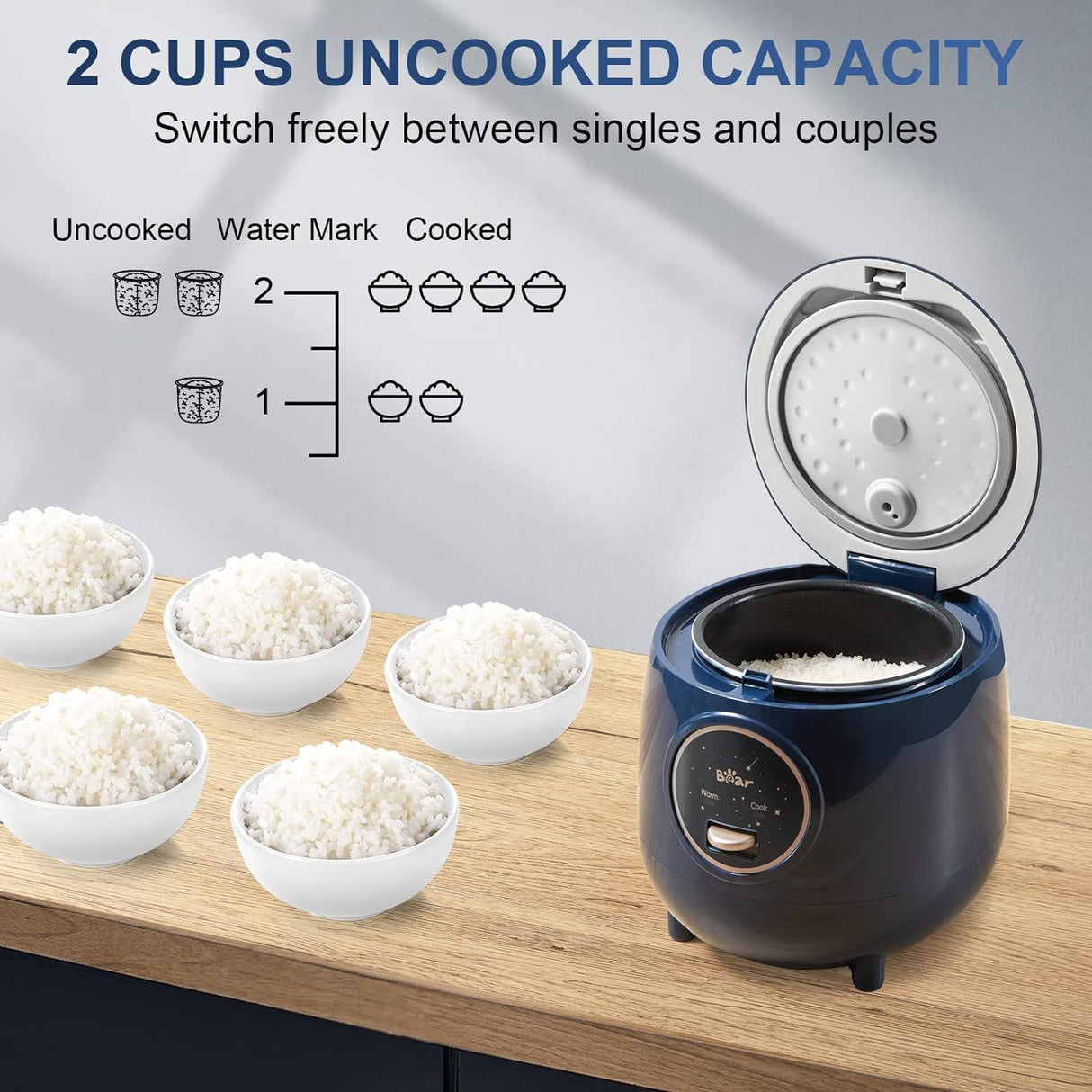 Cocedor de Arroz Mini Bear, 2 Tazas, 1.2L, Antiadherente