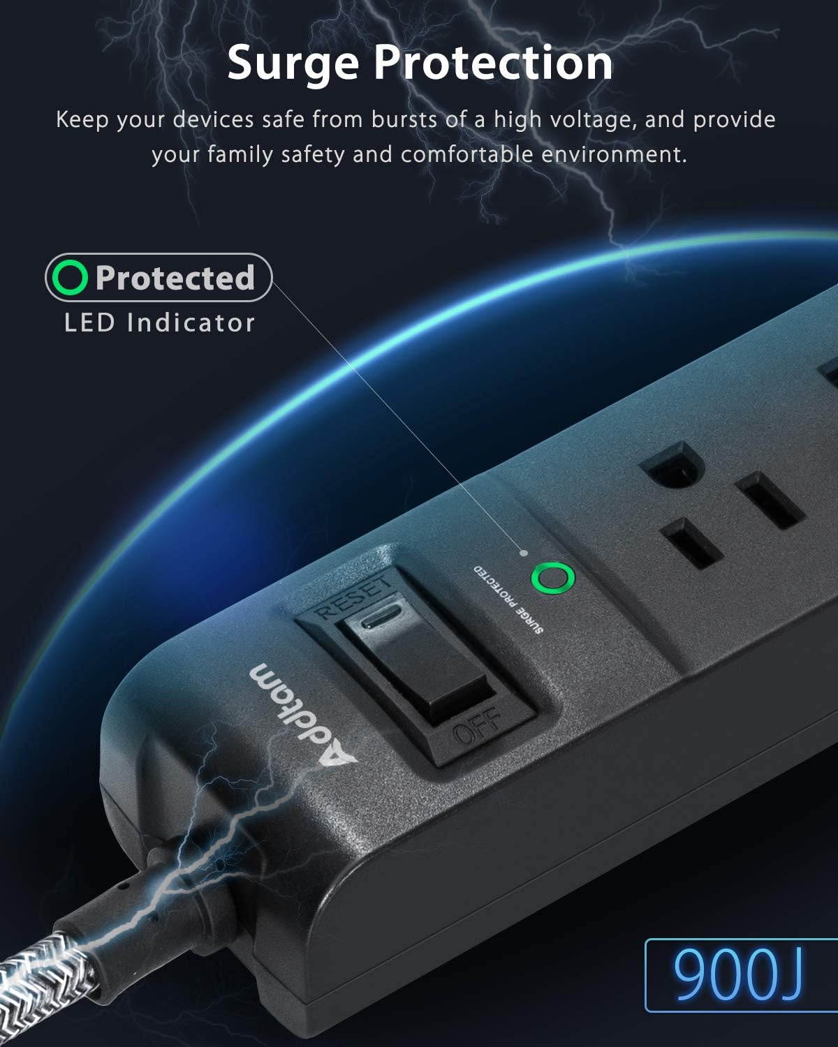 Regleta protectora contra sobretensiones de 10 pies, 5 tomacorrientes