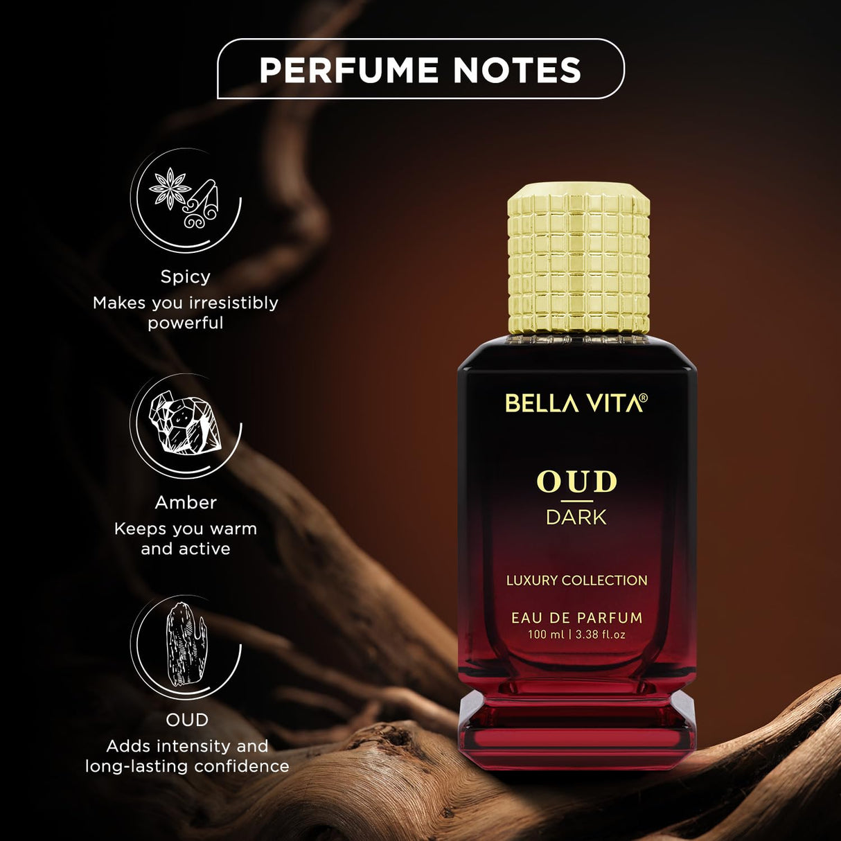 Perfume Intenso Oud Dark, unisex, familia especiada y ambarina
