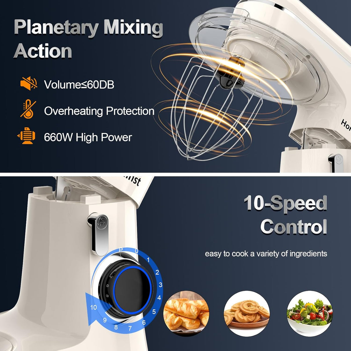 Batidora de pie 6.5QT 10 velocidades 660W, modelo multifuncional