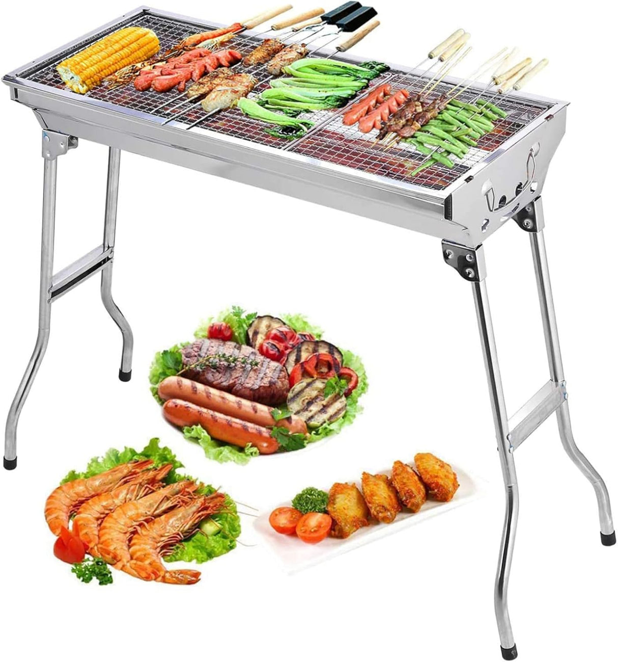 Parrilla de carbón portátil, acero inoxidable, plegable, grande