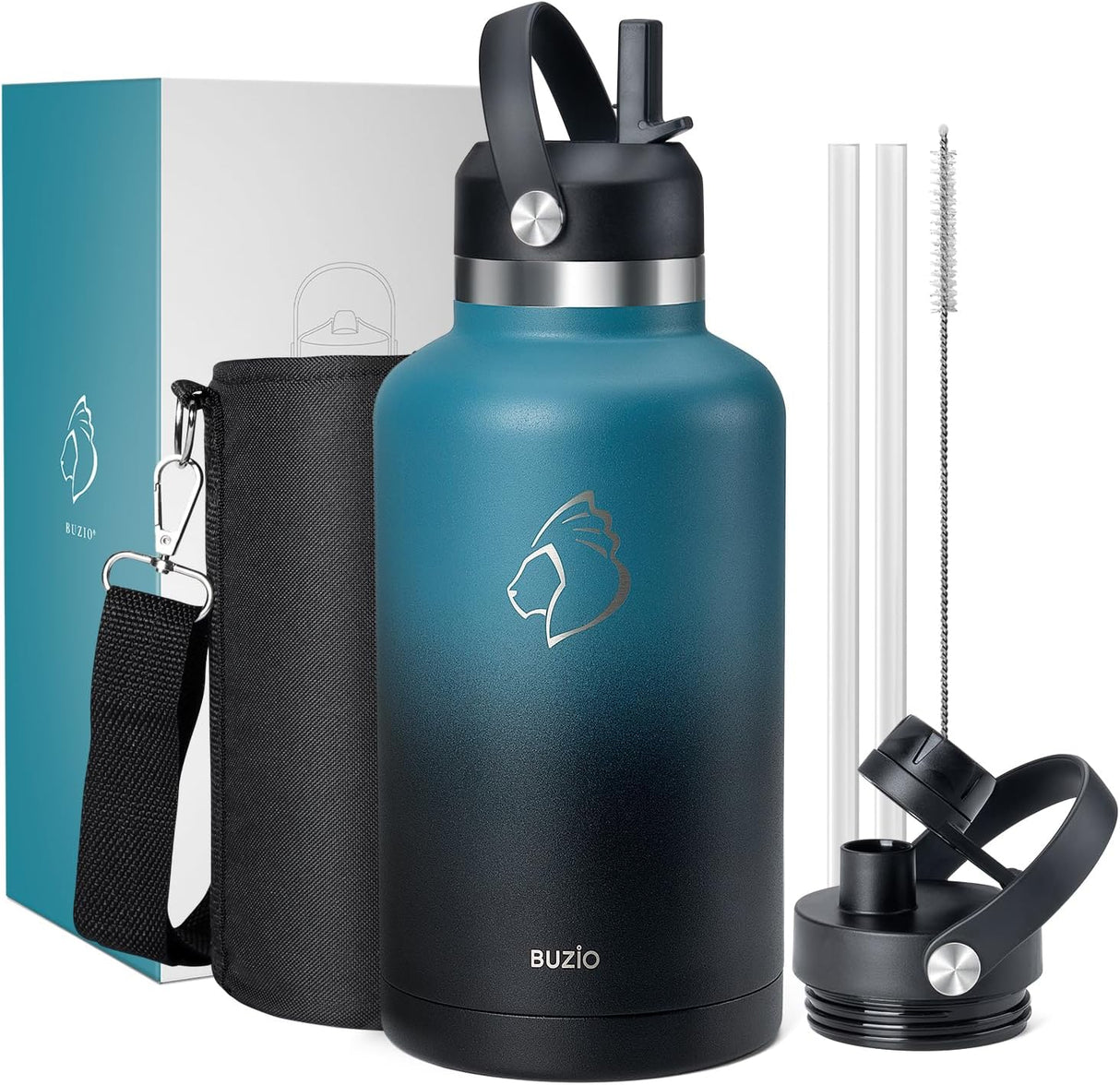 Botella de Agua de 64oz, BUZIO, Aislada, Con Paja y Funda