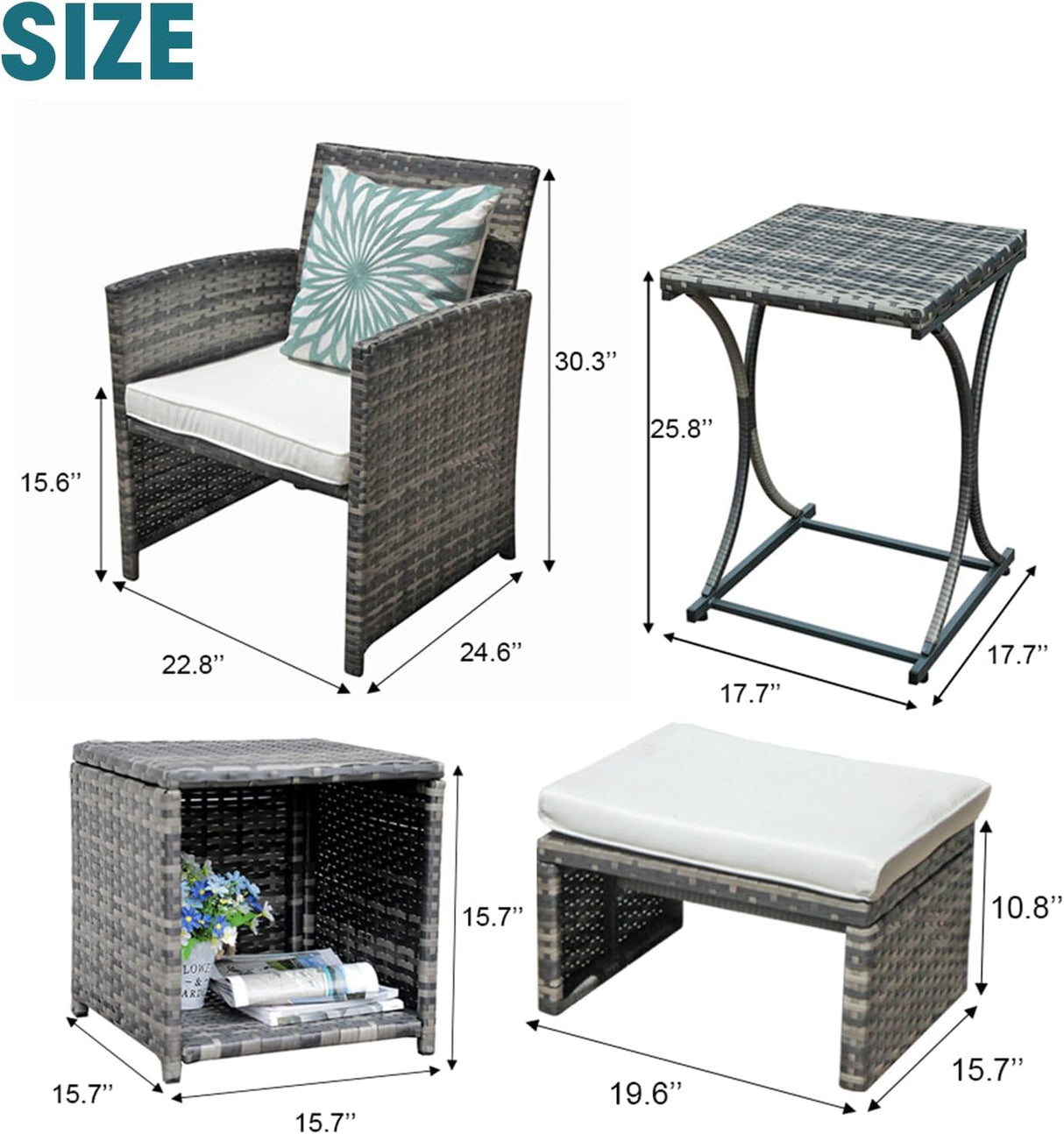 OC Orange-Casual Juego de muebles de patio de 6 piezas con otomana, juego de silla y mesa de mimbre gris para exteriores, muebles de balcón para apartamentos, color blanco