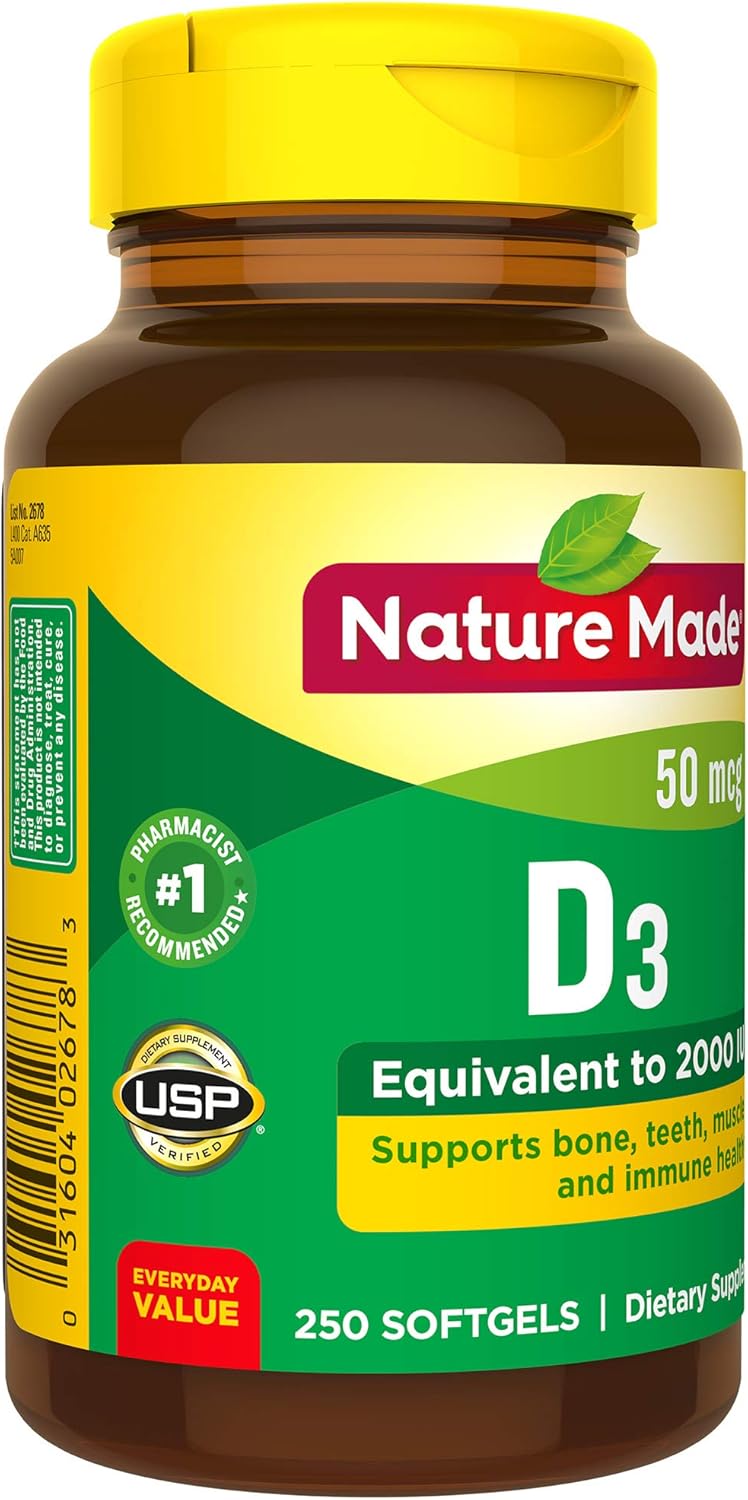 Suplemento de Vitamina D3 2000 IU Nature Made, 250 Gelatinas