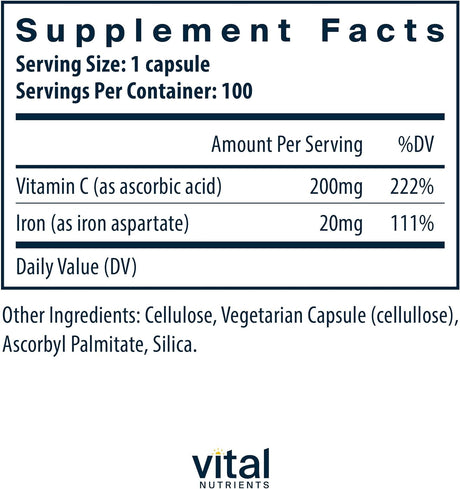 Suplemento Vital Nutrients Iron Plus Vitamina C  de hierro