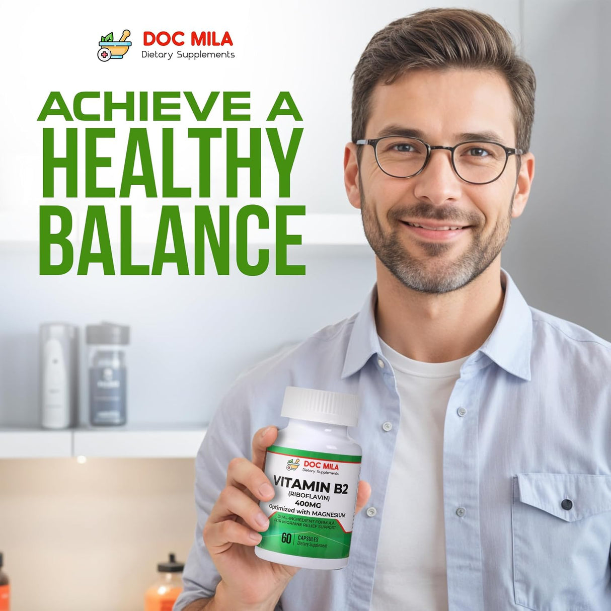Suplemento de B2 Riboflavina 400mg – Alivio de migrañas, 60 cápsulas