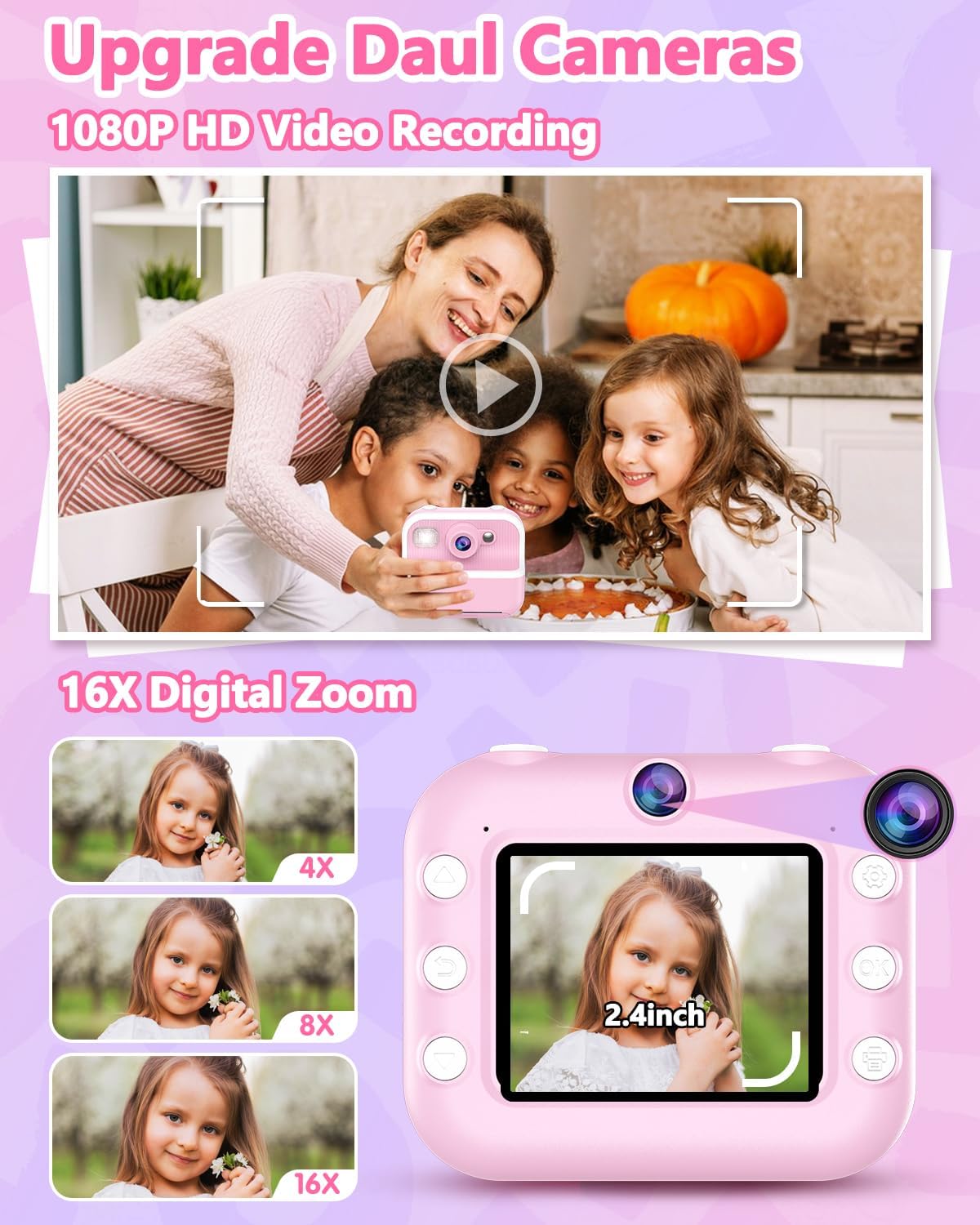 Cámara Instantánea para Niños, 1080P, Incluye Papel y Tarjeta