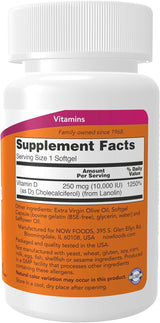 Suplementos de Vitamina D-3 10,000 IU NOW Foods 120 Softgels