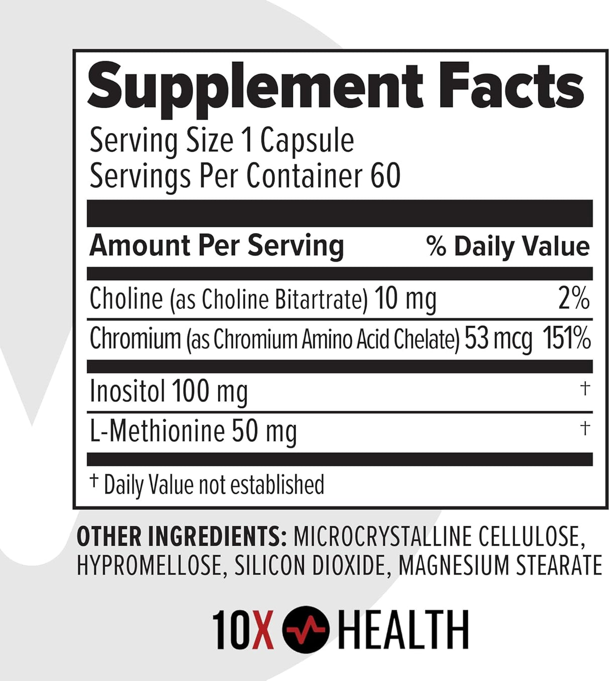 Suplemento de Cromo 10X Health MIC con Colina, Inositol y L Metionina - 60 Cápsulas