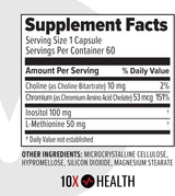 Suplemento de Cromo 10X Health MIC con Colina, Inositol y L Metionina - 60 Cápsulas