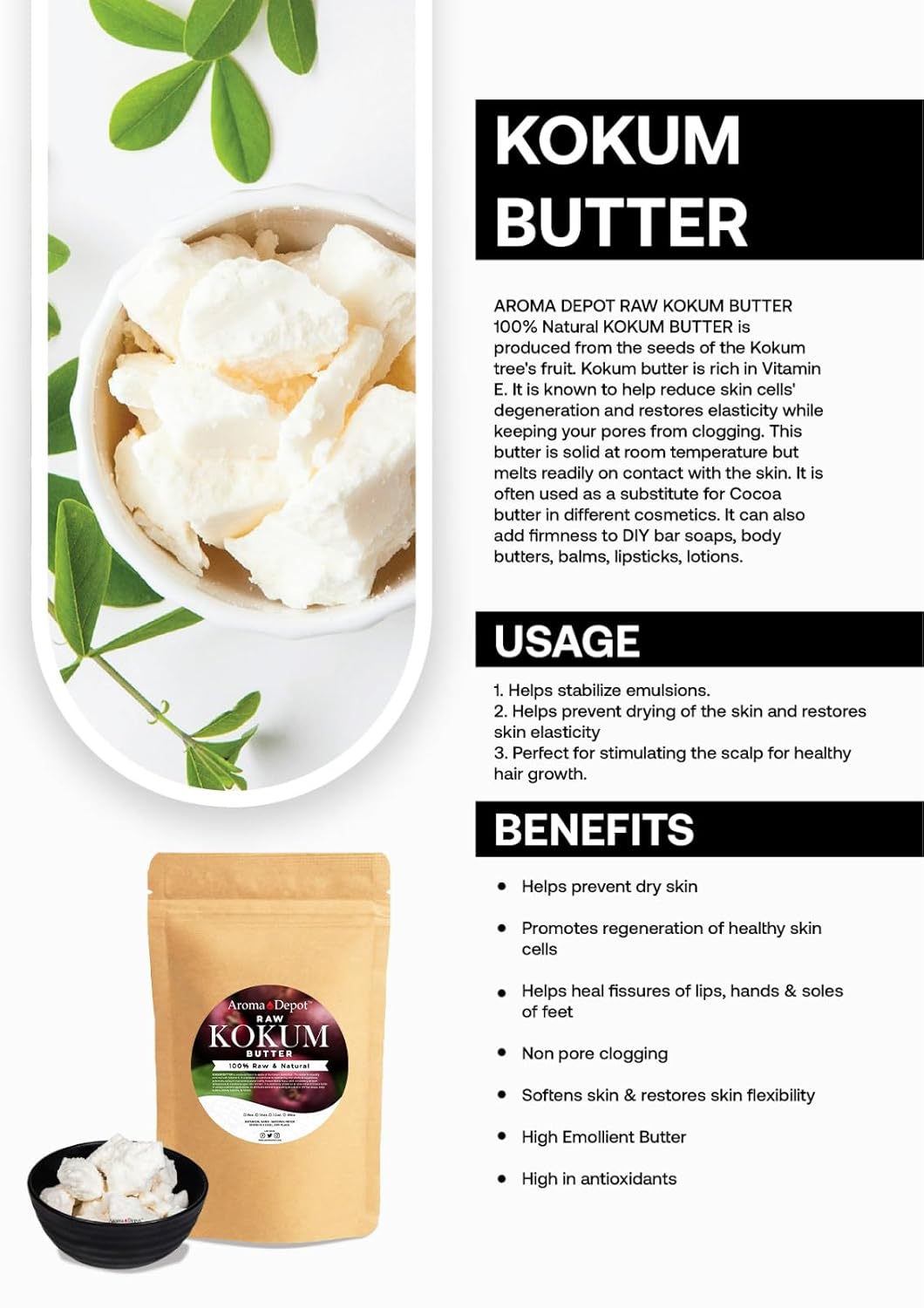 Manteca de Kokum Sin Refino para Piel, Cuerpo y Cabello