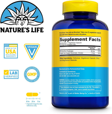 Natures Life Zinc Picolinate 30mg + Cobre 2mg, 250 Cápsulas