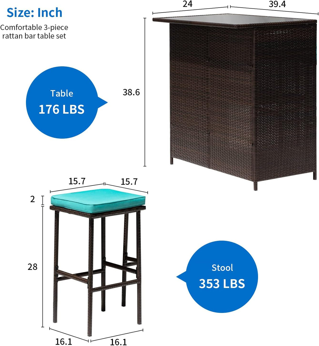 FDW Juego de 3 piezas de muebles de patio y bar, juego de muebles de mimbre con dos taburetes para patio, balcón, cojín azul