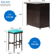 FDW Juego de 3 piezas de muebles de patio y bar, juego de muebles de mimbre con dos taburetes para patio, balcón, cojín azul