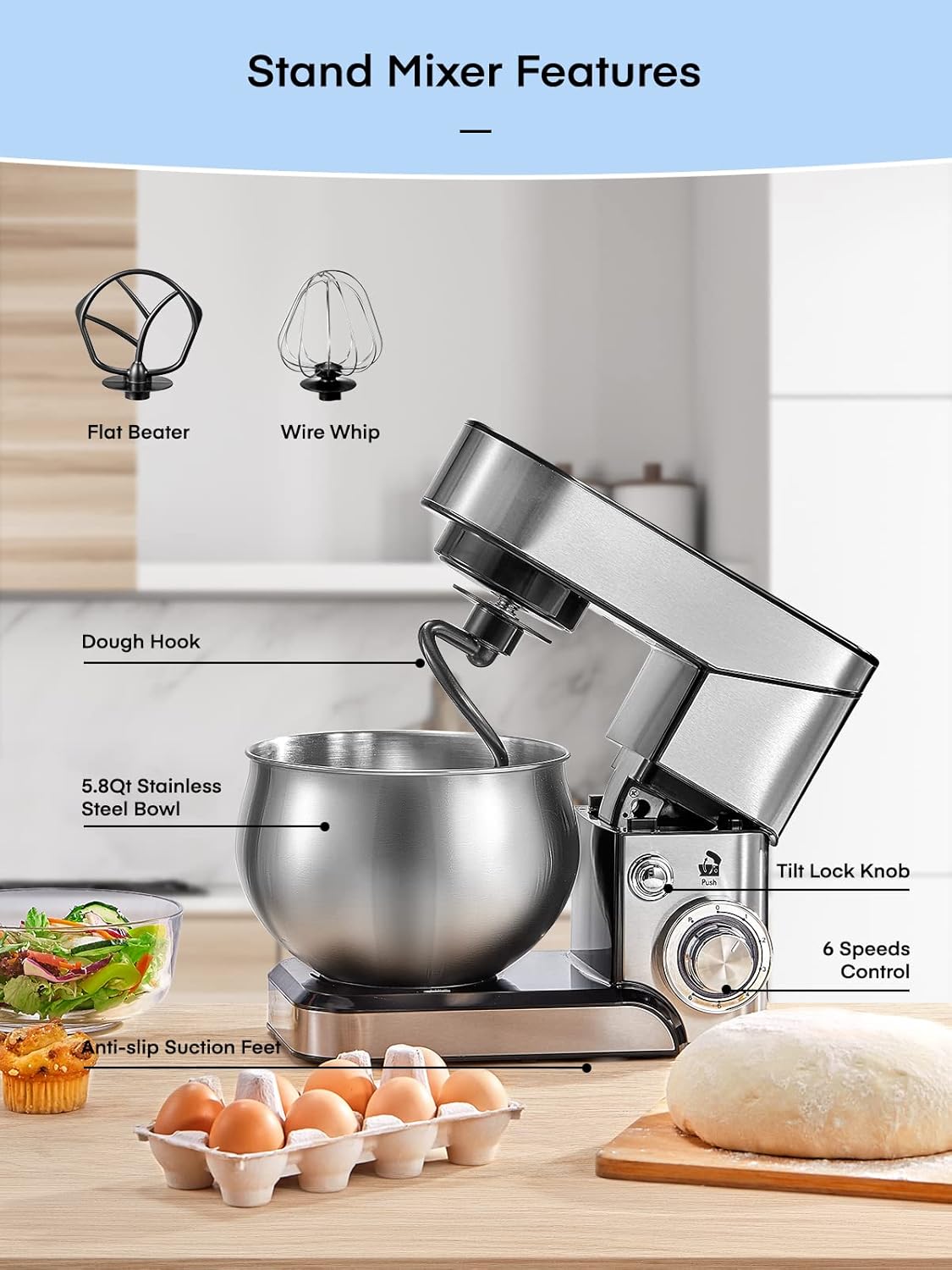 Batidora de Pie FOHERE 5.8QT, Acero Inoxidable, 6 Velocidades