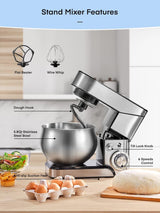 Batidora de Pie FOHERE 5.8QT, Acero Inoxidable, 6 Velocidades