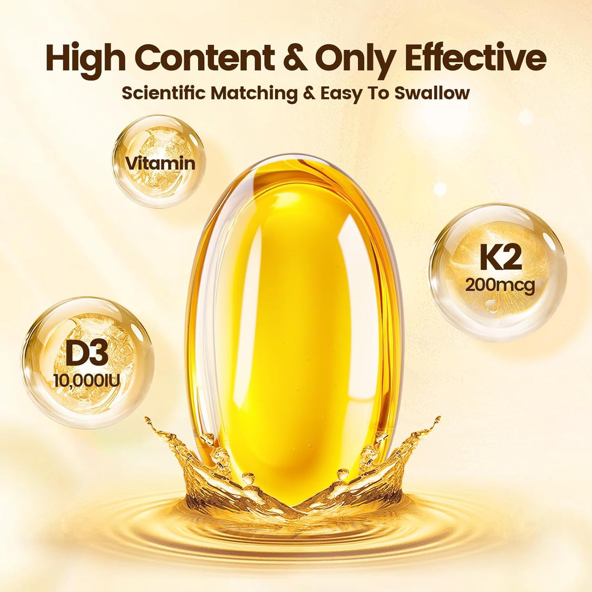 Suplemento de Vitamina D3 y K2, 10000 IU + 200 mcg, 300 Softgels