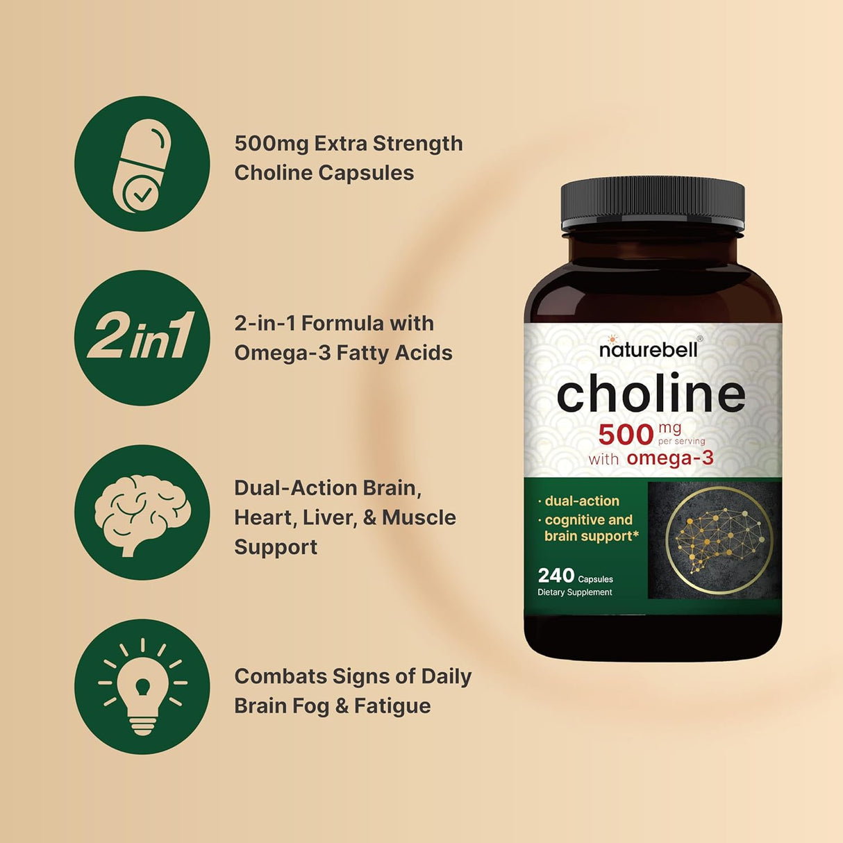 Suplemento de Colina 500mg con Omega-3, 240 cápsulas