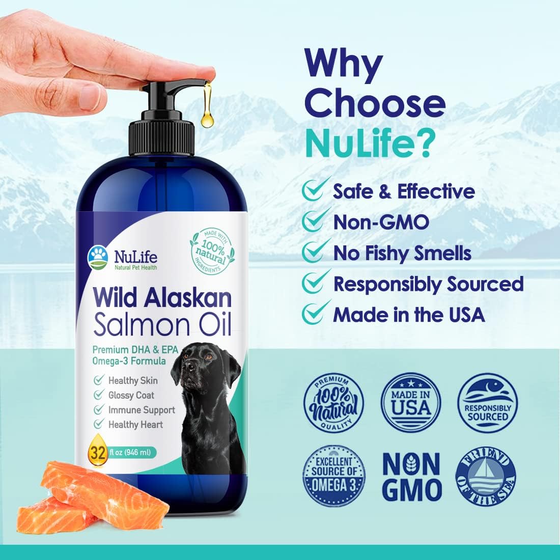 Aceite de salmón salvaje de Alaska 100% puro para perros, aceite de pescado líquido Omega 3 para perros, suplemento para piel y pelaje para desprendimiento, picazón seca en la piel y alergias, ácidos