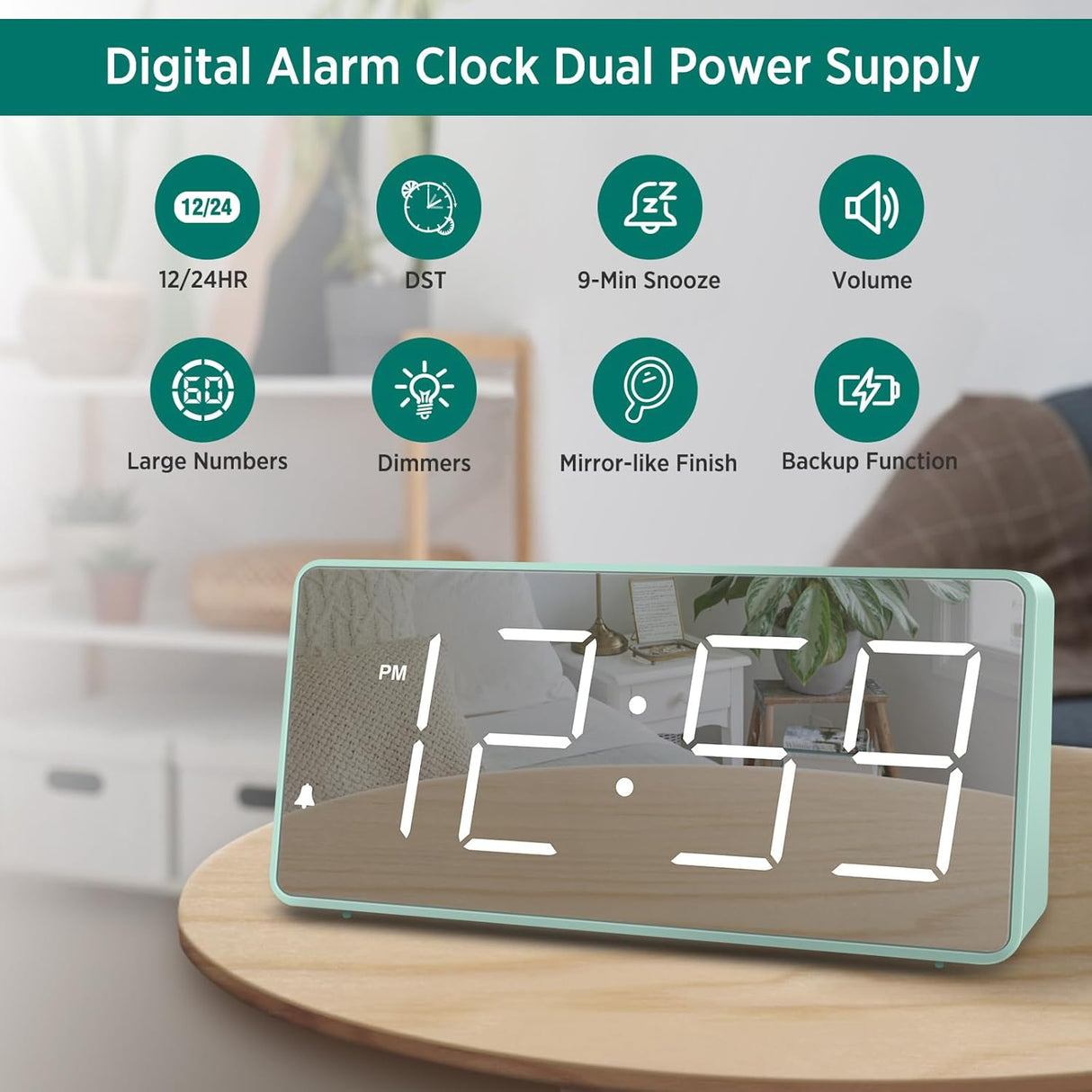 Reloj Digital con Alarma, Números Grandes, Respaldo de Batería