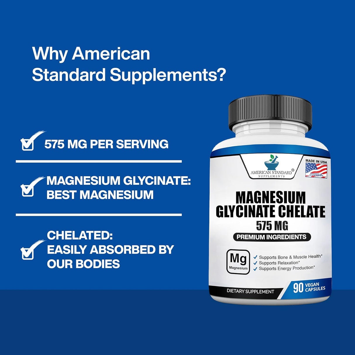 Suplemento de Magnesio Glycinato American Standard 575mg 90 cápsulas
