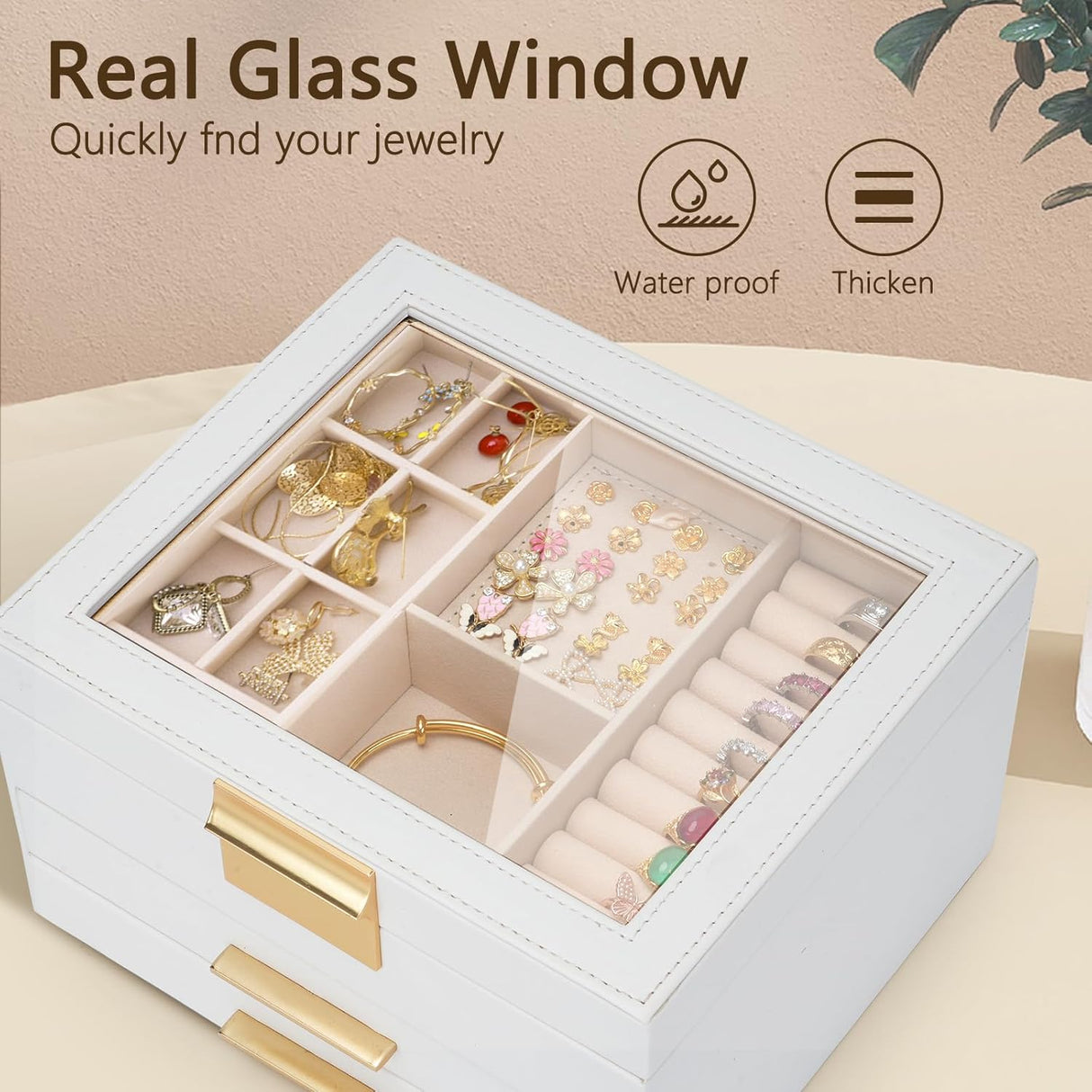 Caja de joyas 3 capas, organizador con tapa de vidrio, modelo X.