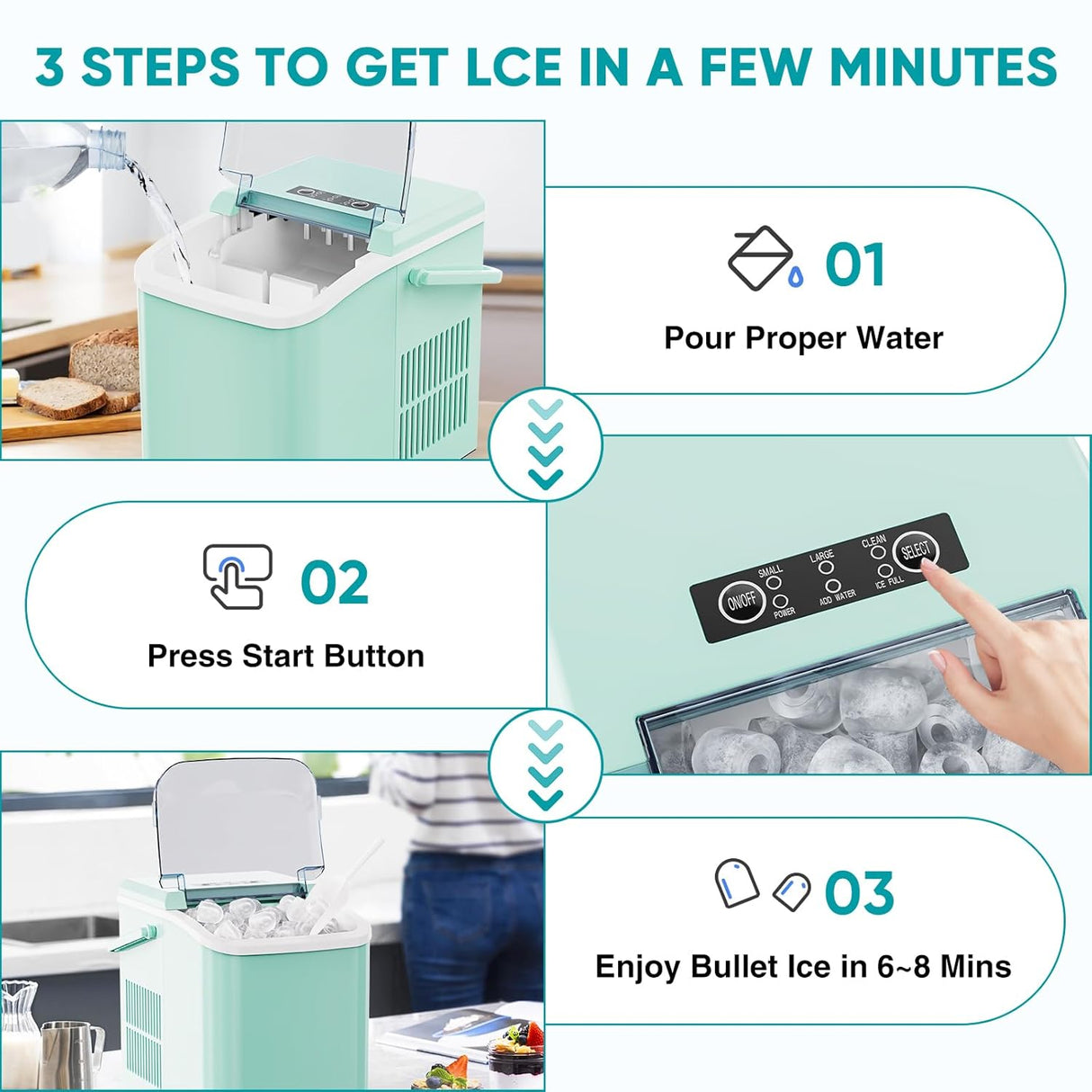 Máquina de Hielo Portátil, Auto Limpieza, 26.5lbs/24Hrs