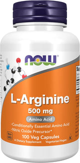 Suplemento L-Arginina 500 mg de NOW Foods, 100 cápsulas veganas